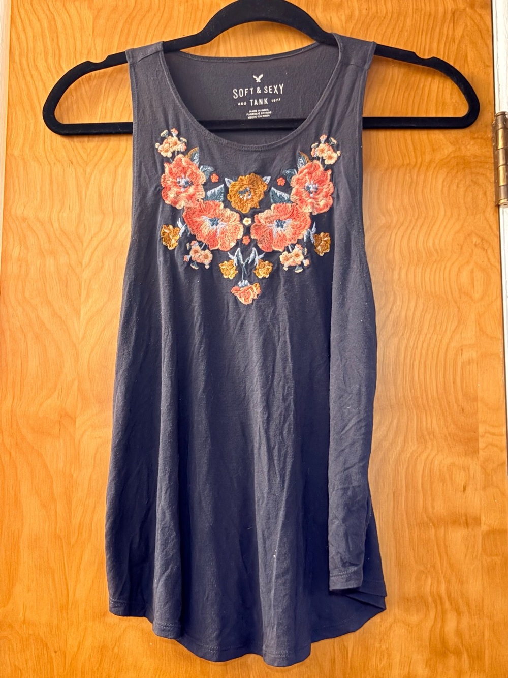 American Eagle Outfitters Navy Tank with Coral & Gold Floral Embroidery